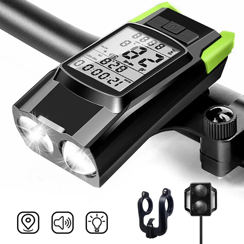 GPS Wireless Bike Computer 3 In 1 Cycling Speedometer Bicycle Flashlight with 120db Horn - Green