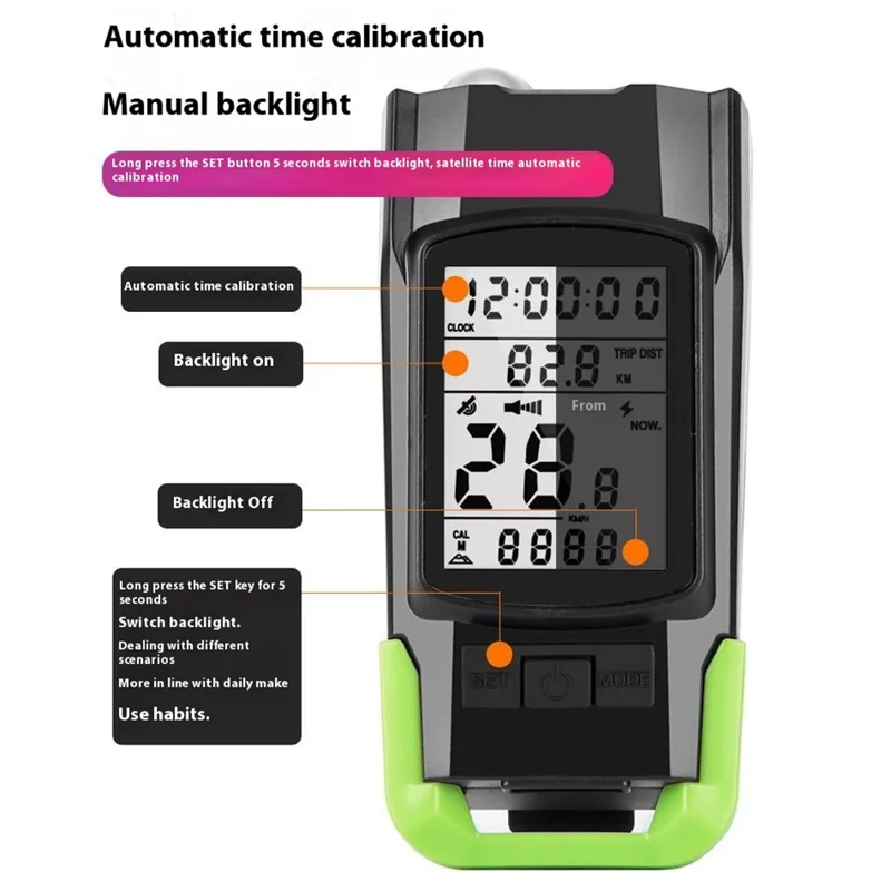 GPS Wireless Bike Computer 3 In 1 Cycling Speedometer Bicycle Flashlight with 120db Horn - Green