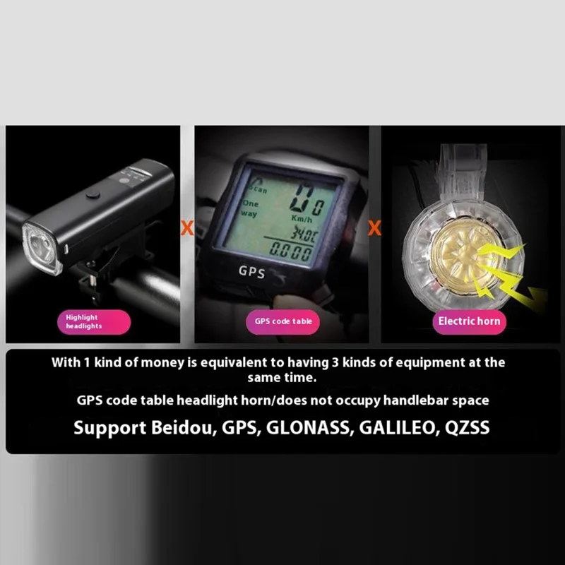 GPS Wireless Bike Computer 3 In 1 Cycling Speedometer Bicycle Flashlight with 120db Horn - Green