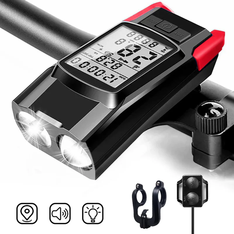 GPS Wireless Bike Computer 3 In 1 Cycling Speedometer Bicycle Flashlight with 120db Horn - Red