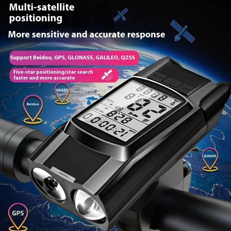 GPS Wireless Bike Computer 3 In 1 Cycling Speedometer Bicycle Flashlight with 120db Horn - Red