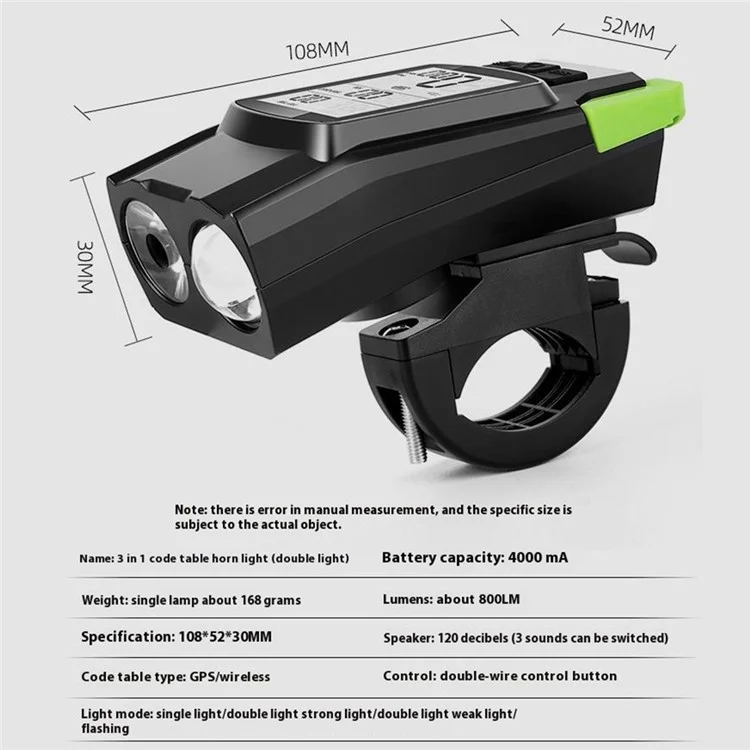 Ordinateur de vélo GPS GNSS sans fil 3 en 1 avec éclairage et klaxon - Bleu
