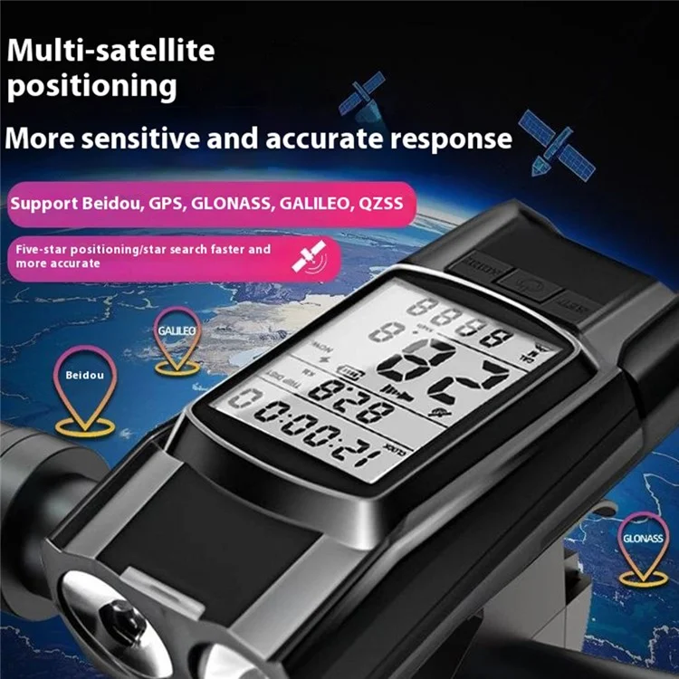 Ordinateur de vélo GPS GNSS sans fil 3 en 1 avec éclairage et klaxon - Bleu