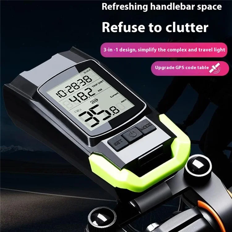 Ordinateur de vélo GPS GNSS sans fil 3 en 1 avec éclairage et klaxon - Bleu