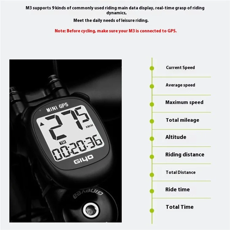 GIYO M3 Bicycle Computer GPS Waterproof Wireless Speedometer Odometer with Backlit for Road Cycling - Black