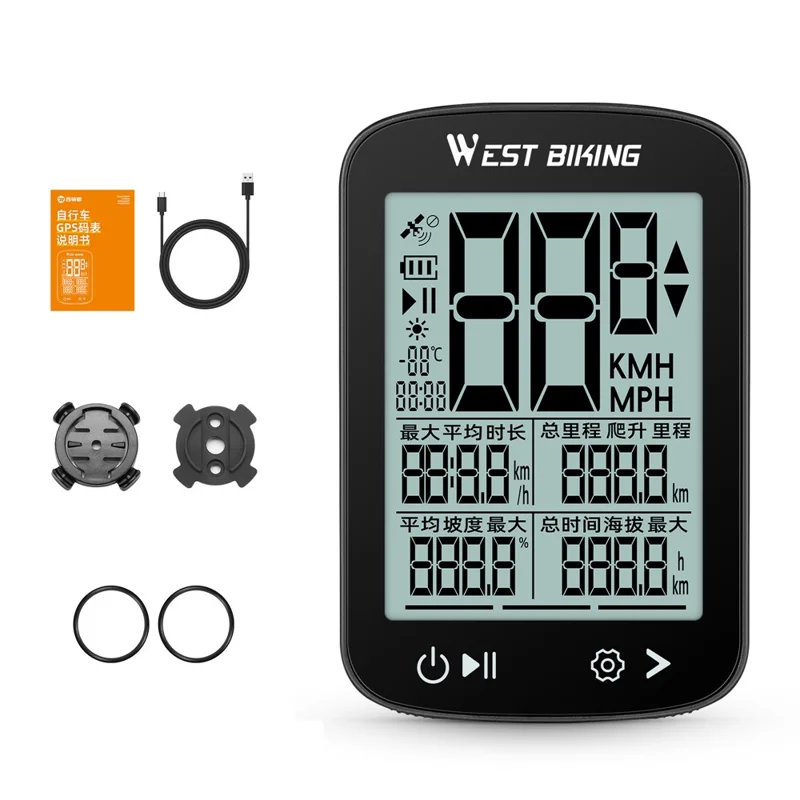 WEST BIKING YP0702112 GPS Bike Computer Waterproof 2.4 Inch LCD Screen Cycling Wireless Speedometer - Black