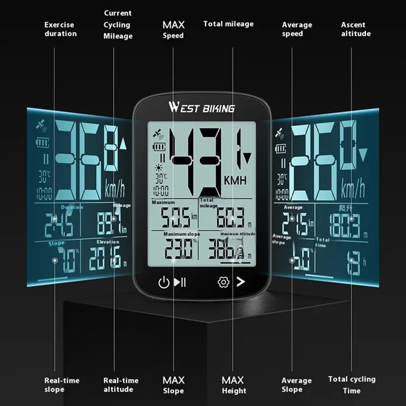 WEST BIKING YP0702112 GPS Bike Computer Waterproof 2.4 Inch LCD Screen Cycling Wireless Speedometer - Black