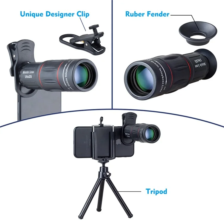 APEXEL APL-T18XZJ Universal 18X Teleskop-Zoomobjektiv mit Mini-Desktop-Stativ und Smartphone-Clip