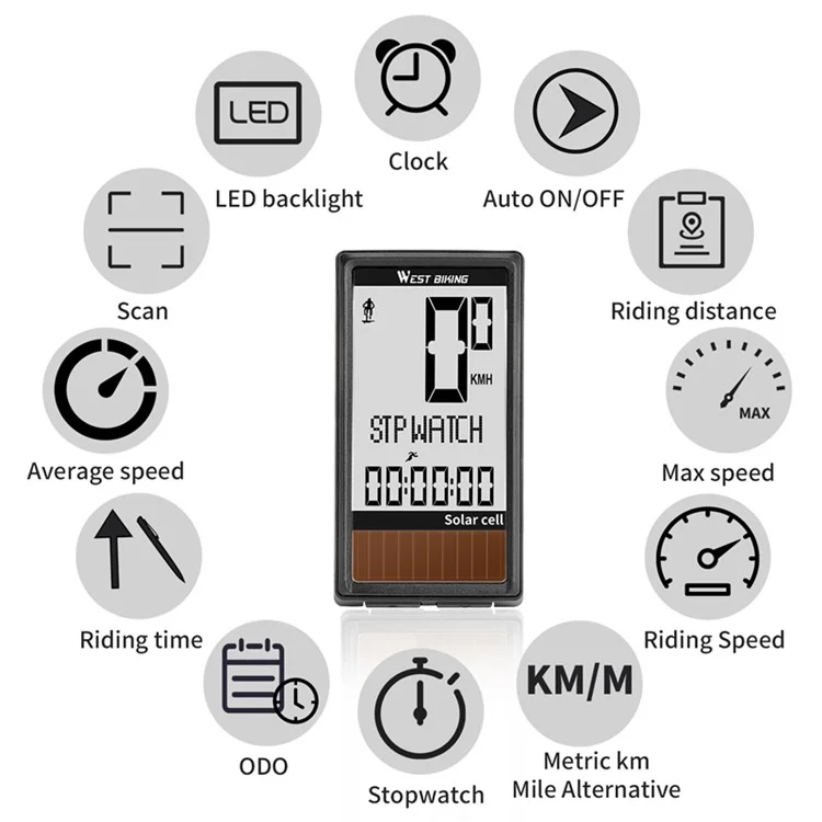 WEST BIKING Solar Power Wireless Bicycle Computer MTB Road Bike Waterproof Cycling Speedometer - White Backligth