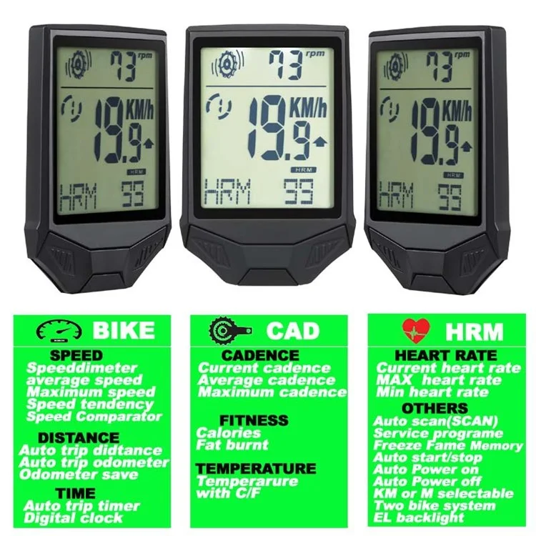 XH-BC335-LCD Wireless Bike Computer Heart Rate Cadence Sensor Multifunctional Waterproof LCD Screen Cycling Computer - White