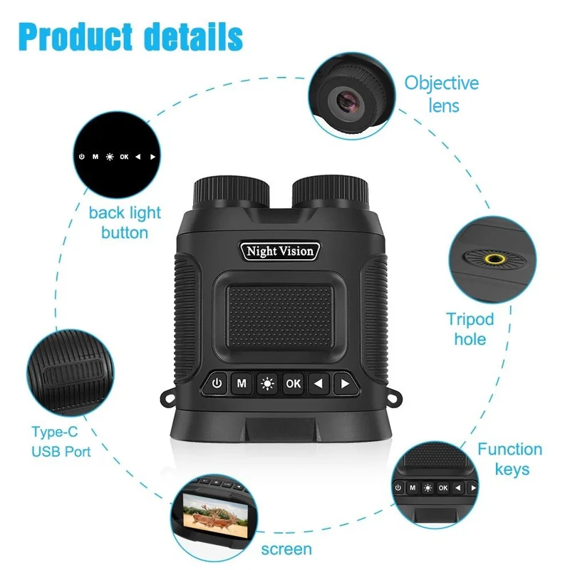 DT29 3-inch HD Photograph Infrared Binoculars for Bird Watching, Recording, Digital Binoculars with Night Vision - Black