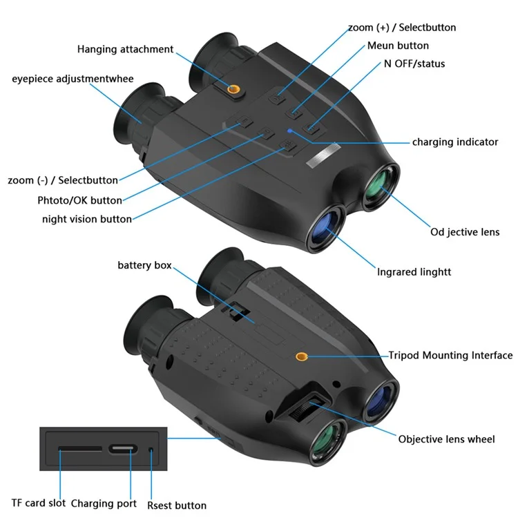 DT99 Binoculations Duales de 1,4 Pouce à Double Caméra 3D Vision Nocturne Télescope Numérique Prise en Charge de la Carte TF - Noir