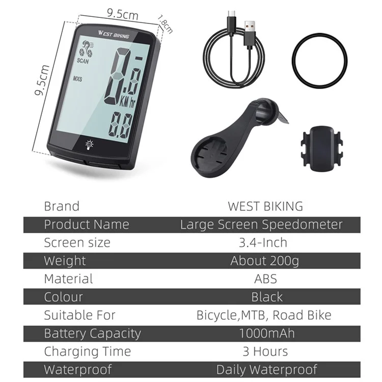 WEST BIKING YP0702100 3,4-Zoll-Großbildschirm-Tachometer-Sensor APP-Verbindung Fahrrad-Code-Zähler für Fahrrad, MTB, Rennrad