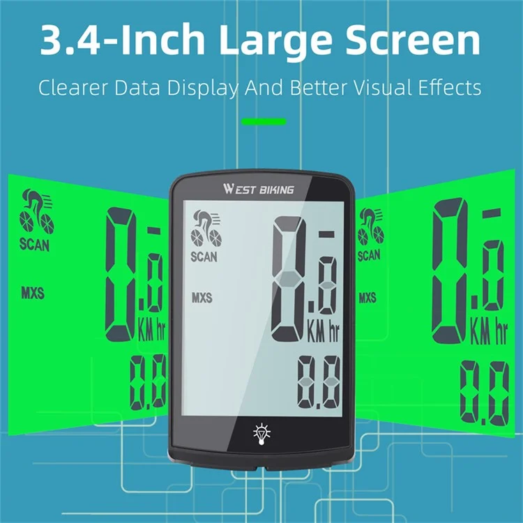 WEST BIKING YP0702100 3,4-Zoll-Großbildschirm-Tachometer-Sensor APP-Verbindung Fahrrad-Code-Zähler für Fahrrad, MTB, Rennrad