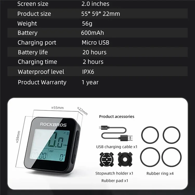Compteur de vélo sans fil GPS ROCKBROS G1 IPX6 étanche Odomètre de vélo