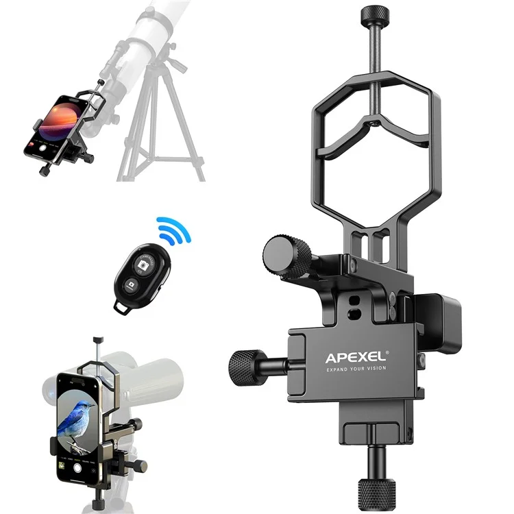 APEXEL APL-F003 Adaptador universal para digiscopia Teléfono Telescopio Soporte de metal de 3 ejes Soporte Conector de ocular