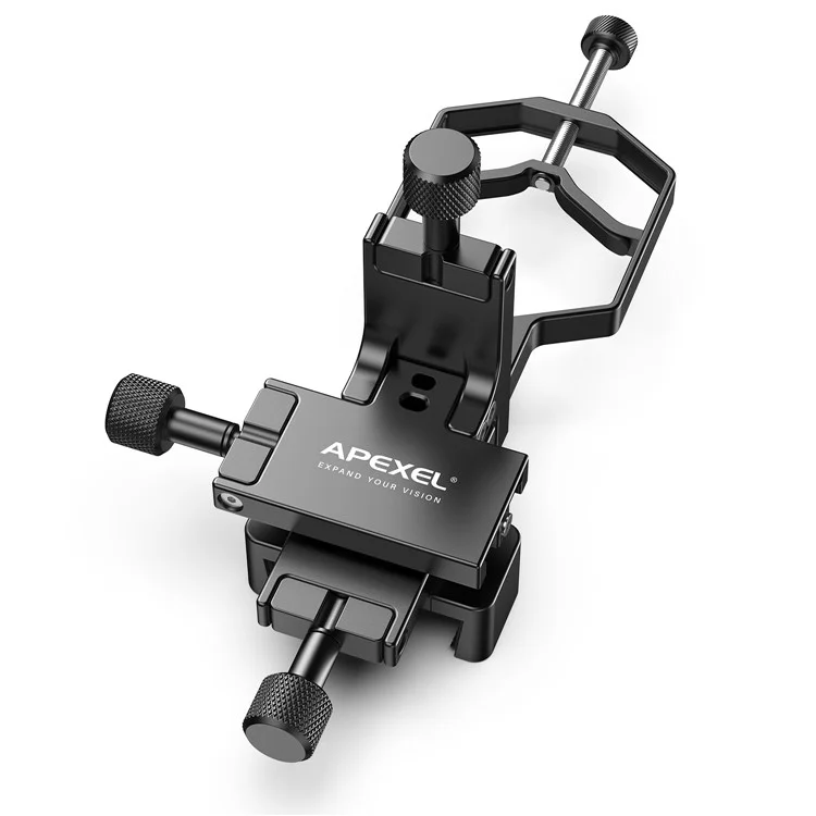 APEXEL APL-F003 Adaptador universal para digiscopia Teléfono Telescopio Soporte de metal de 3 ejes Soporte Conector de ocular