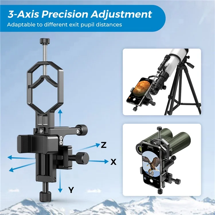 APEXEL APL-F003 Adaptador universal para digiscopia Teléfono Telescopio Soporte de metal de 3 ejes Soporte Conector de ocular