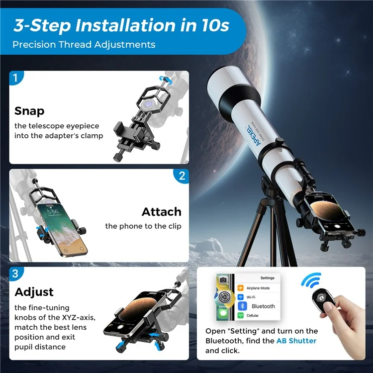 APEXEL APL-F003 Adaptador universal para digiscopia Teléfono Telescopio Soporte de metal de 3 ejes Soporte Conector de ocular