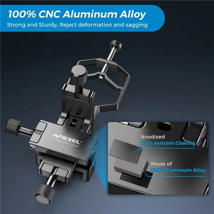 APEXEL APL-F003 Adaptador universal para digiscopia Teléfono Telescopio Soporte de metal de 3 ejes Soporte Conector de ocular