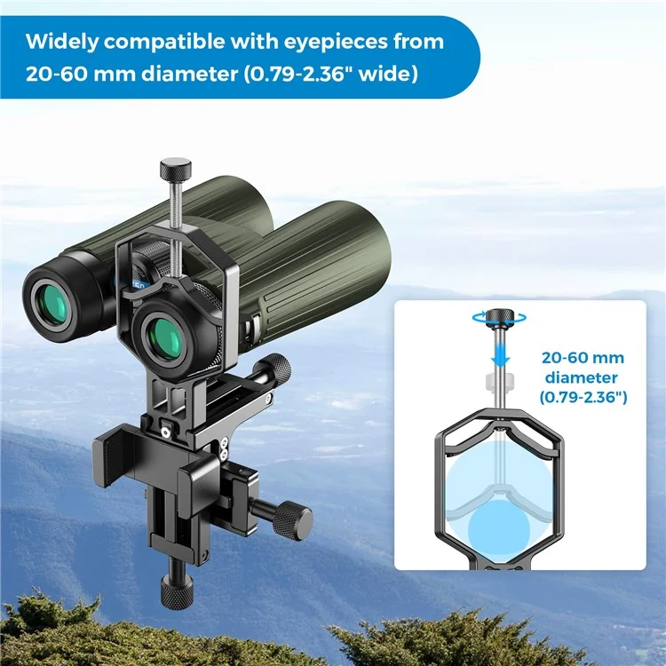 APEXEL APL-F003 Adaptador universal para digiscopia Teléfono Telescopio Soporte de metal de 3 ejes Soporte Conector de ocular