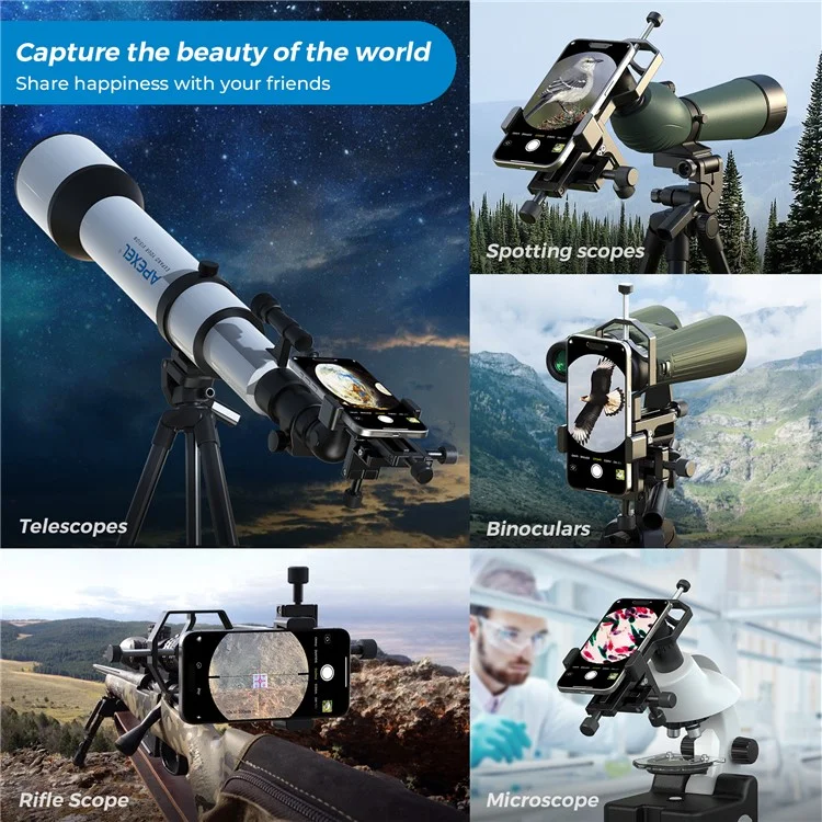 APEXEL APL-F003 Adaptador universal para digiscopia Teléfono Telescopio Soporte de metal de 3 ejes Soporte Conector de ocular