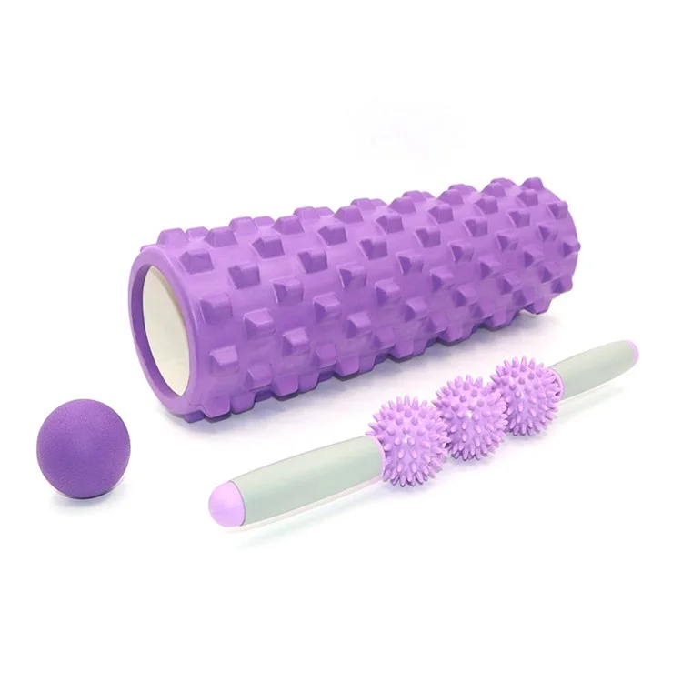 3-in-1 45cm Yoga Column Fitness Set Hollow Core Pilates Massage Roller Plantar Fasciitis Ball Yoga Ball Stress Relief Muscle Relax Exercise Kit - Purple
