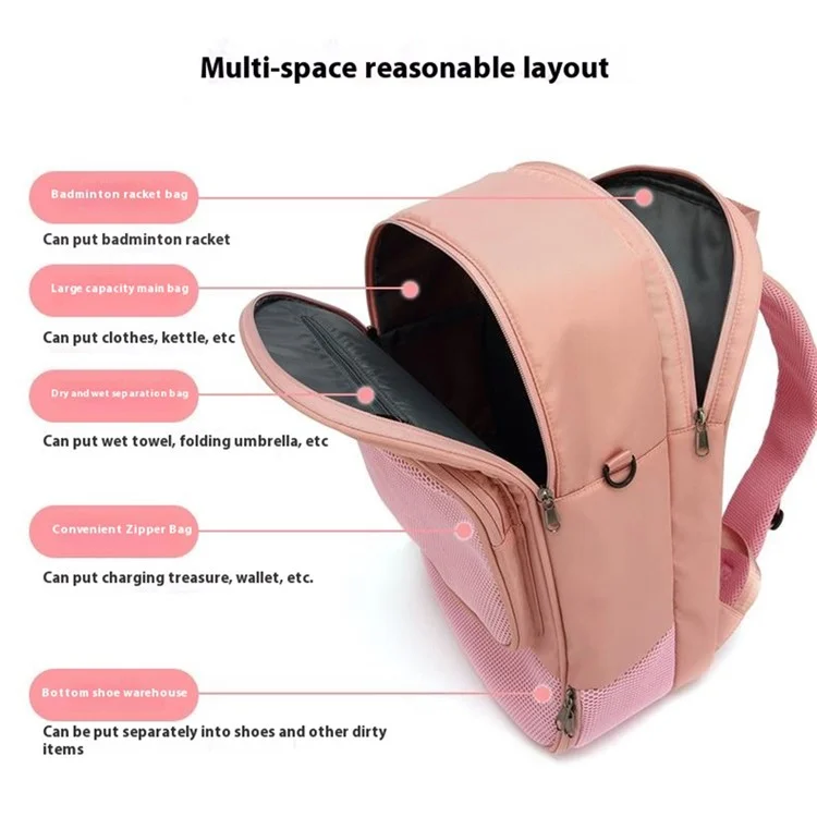Tennis Badminton Sports Tasche Racket Aufbewahrung Nylon Rucksack mit Schuhfach, 31x19x46cm - Pink