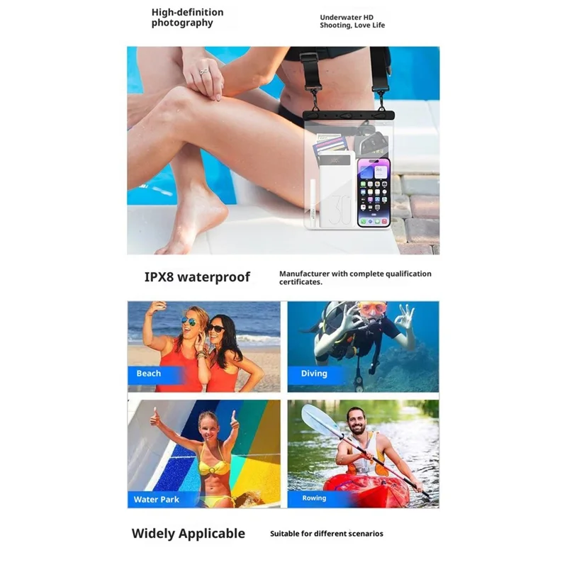 IPX8 Waterproof Dry Case Bag for Phones Tablets Up to 13 inch ABS PVC Sealed Touchscreen Floating Pouch - Black