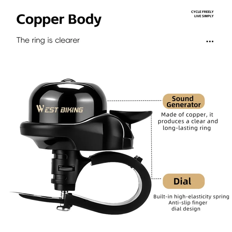 WEST BIKING YP0706069 Cloche de vélo Son clair Mini cloche en laiton Monture ajustable pour guidon de 19-31,8 mm - Noir