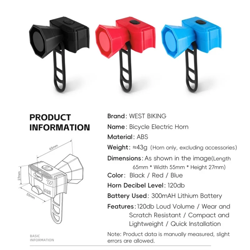 WEST BIKING YP0706071 Велосипедный электрический звонок с проводным управлением, громкий велосипедный сигнал для горных велосипедов - Черный
