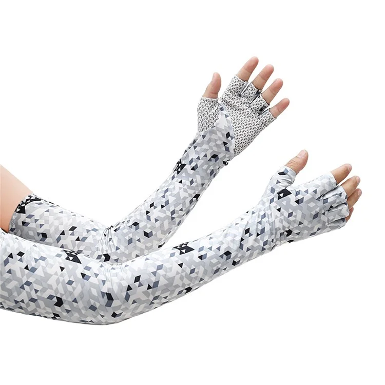 UV Protection Cooling Sleeves Half Finger Gloves Arm Sleeves Men Women Sports Sun Sleeves with Thumb Hole for Driving Golfing Fishing Cycling Hiking Doing Sports - Grey White Square