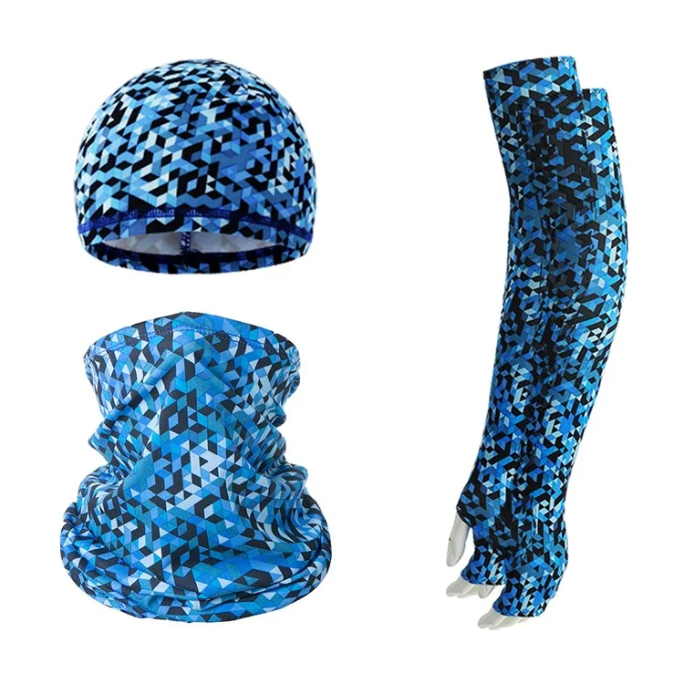 Summer Anti-UV Breathable Ice Silk Sun-proof Cycling Arm Sleeves+Liner Cap+Neck Gaiter Set - Sapphire Blue Grid