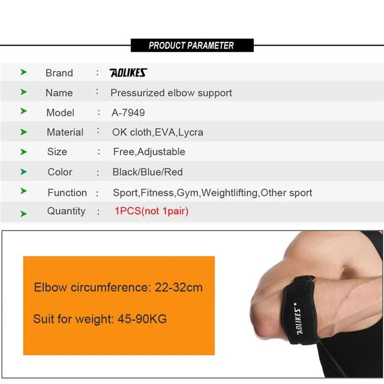 AOLIKES A-7949 1Pc Ajustável Apoio de Cotovelo Esporte Protetor de Cotovelo Pad Guard Strap - Preto