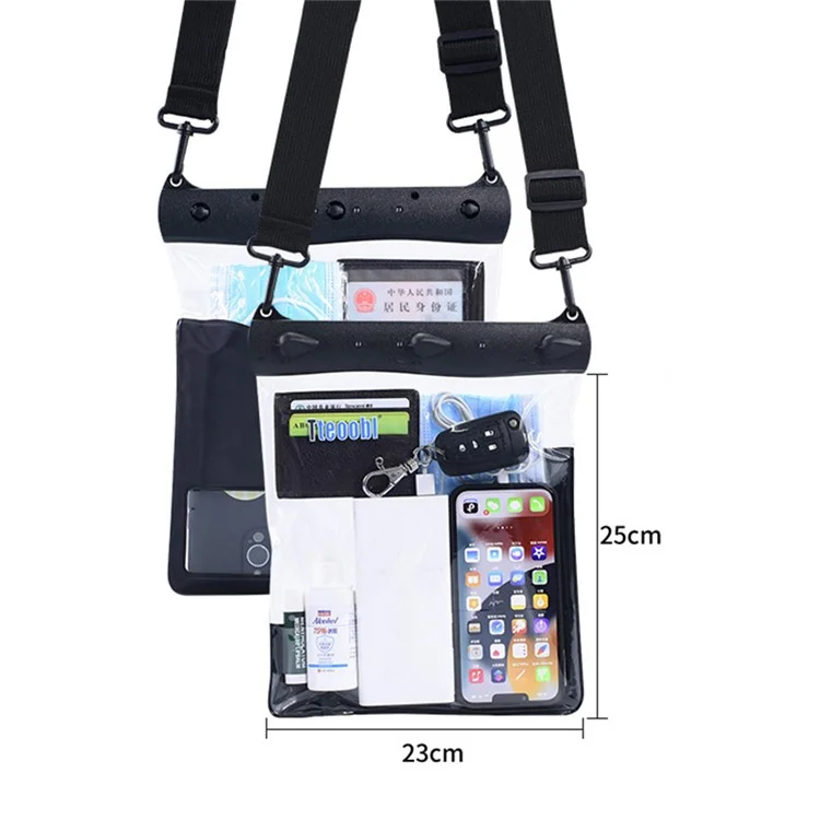 Large Capacity Waterproof Phone Pouch Diving Floating Protection Shoulder Bag Case with Clear Touch Screen Film - Black