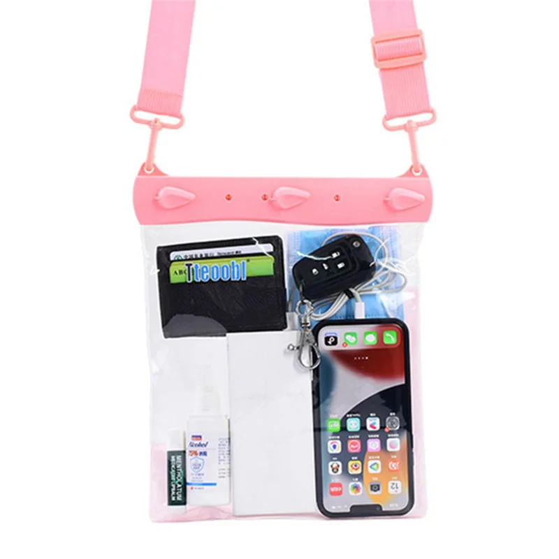 Large Capacity Waterproof Phone Pouch Diving Floating Protection Shoulder Bag Case with Clear Touch Screen Film - Pink