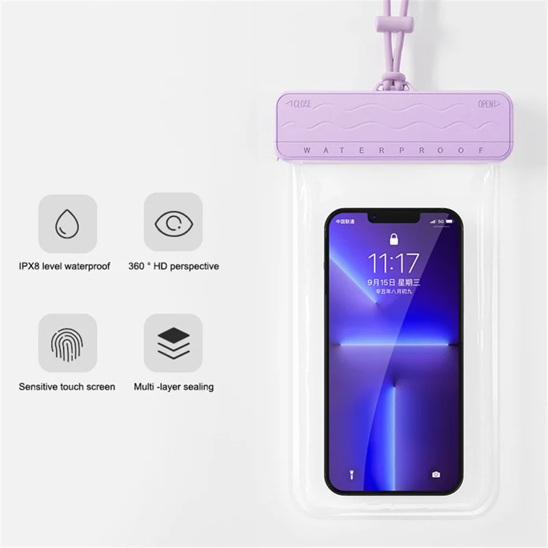 IPX8 Waterproof Phone Bag 7.2-inch PC+TPU Touch Screen Mobile Phone Underwater Pouch with Lanyard - Purple