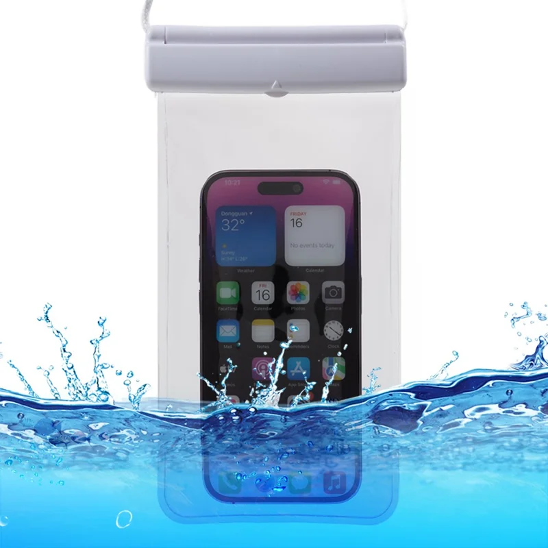 Sliding Closure PVC+ABS Water Resistant Phone Pouch for Under 7.2-inches Mobile Phone Dry Bag with Strap Support Touch Control - White