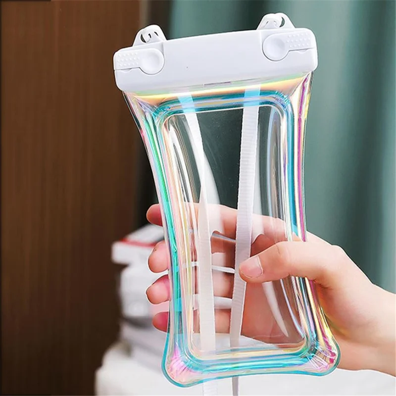 Laser Transparent Phone Pouch Floating Airbag Design IPX8 Waterproof Case Dry Bag with Lanyard - White