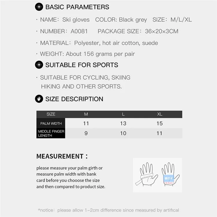 KYNCILOR A0081 1 Pair Winter Warm Gloves Touch Screen Windproof Ski Gloves for Cycling Driving Running - Black / M