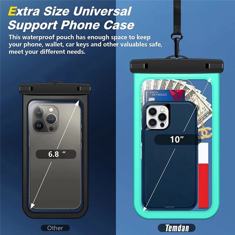 IPX8 Waterproof PVC Phone Pouch for Under 10-inches Mobile Phone Sealed Dry Bag with Strap - Black