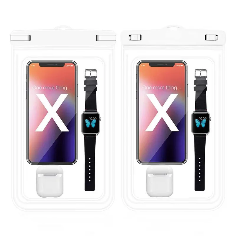 Luminous Frame PVC Phone Pouch for Under 8.9-inches Cell Phones IPX8 Waterproof Dry Bag with Strap - White