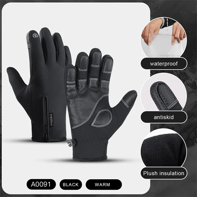 VILICO A0091 1 paire de gants d'hiver chauds imperméables coupe-vent avec écran tactile à doigts complets - Noir / XL