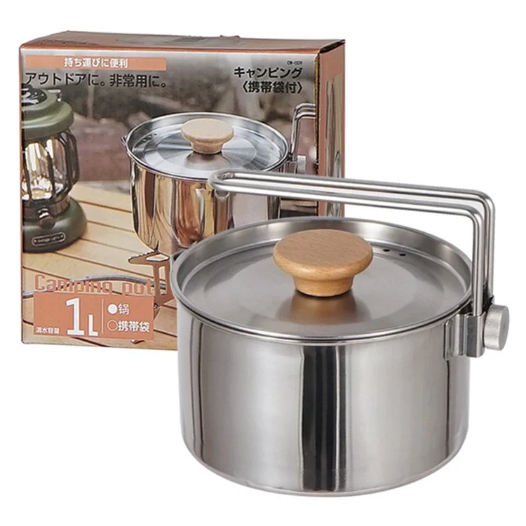 1L 304 Stainless Steel Camping Kettle with Foldable Handle Cooking Pot for Outdoor Backpacking Hiking (BPA Free, No FDA Certificate)