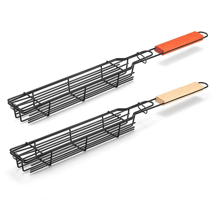 HALIN 2Pcs Outdoor Camping BBQ Grilling Basket Portable Picnic Barbecue Iron Cage with Wooden Handle (No FDA Certificate, BPA Free)