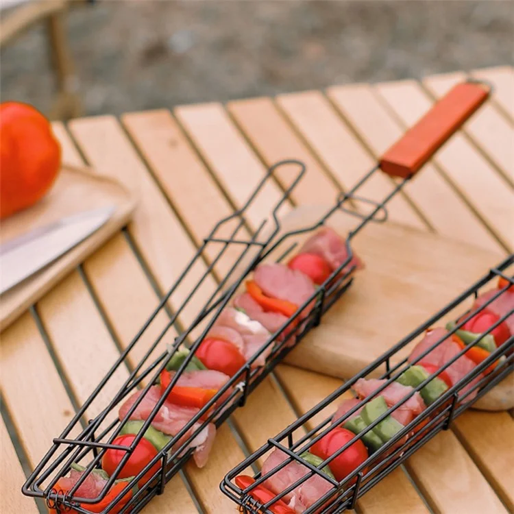 HALIN 2Pcs Outdoor Camping BBQ Grilling Basket Portable Picnic Barbecue Iron Cage with Wooden Handle (No FDA Certificate, BPA Free)