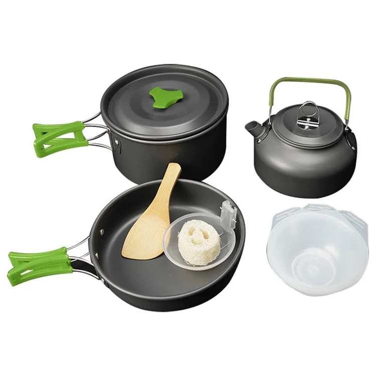AOTU Outdoor Camping Cooking Set Pot Pan Teapot Cookware Set (No FDA Certificate, BPA-Free) - Vert