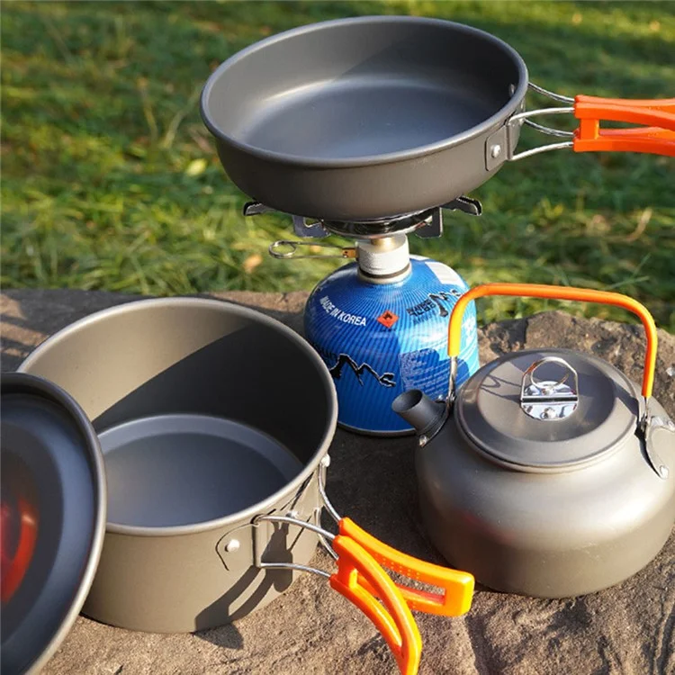 AOTU Outdoor Camping Cooking Set Pot Pan Teapot Cookware Set (No FDA Certificate, BPA-Free) - Vert