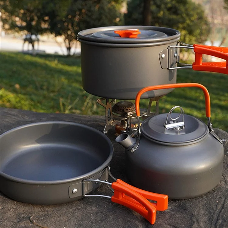 AOTU Outdoor Camping Cooking Set Pot Pan Teapot Cookware Set (No FDA Certificate, BPA-Free) - Vert