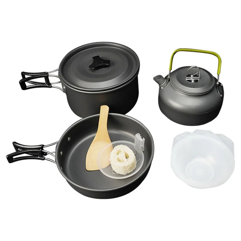 AOTU Outdoor Camping Cooking Set Pot Pan Teapot Cookware Set (No FDA Certificate, BPA-Free) - Black